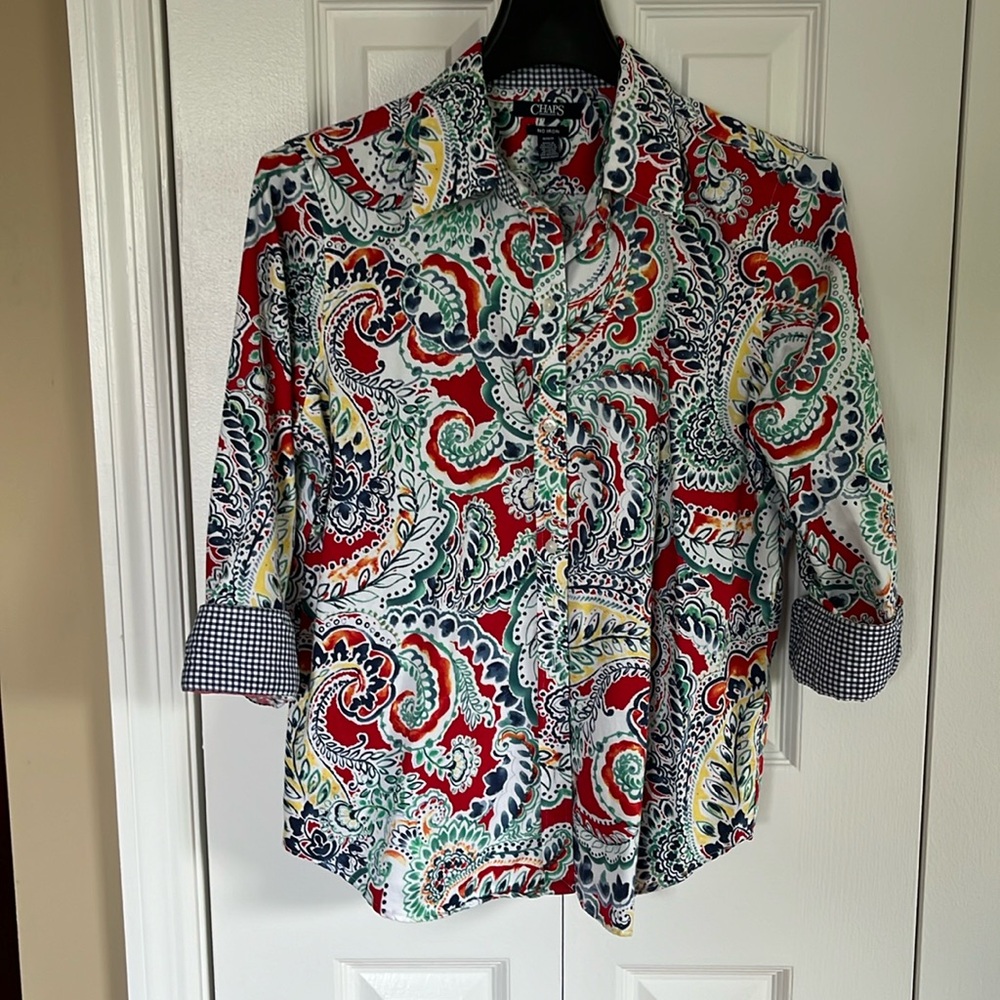 Chaps Icon Red, Blue and Green Blouse with 3/4 sleeves